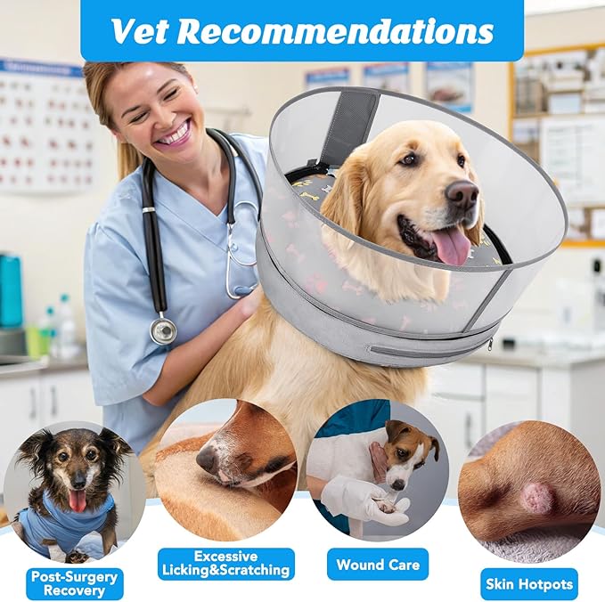 Inflatable Dog Cone with Anti-Licking Clear Shield, Protective Dog Donut Collar After Surgery, Adjustable Soft Recovery Cone for Pets, Alternative Collar with Buckle Strap (Grey Paw, M)