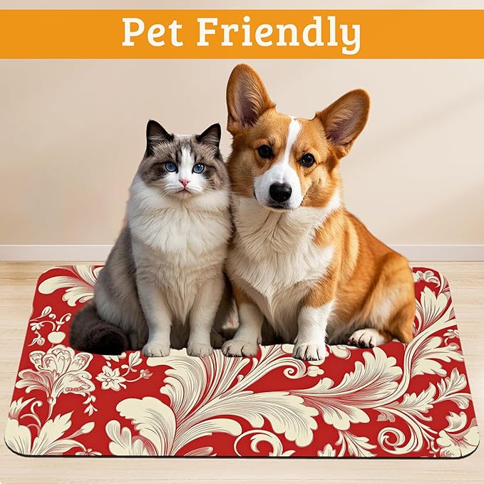 Red White Flower Feeding Mat,Paisley Absorbent Quick-Dry Cat Dog Food and Water Bowl Mats,Non-Slip Rubber Backing Mat,Cat Dog Accessories Supplies 16" x 24"