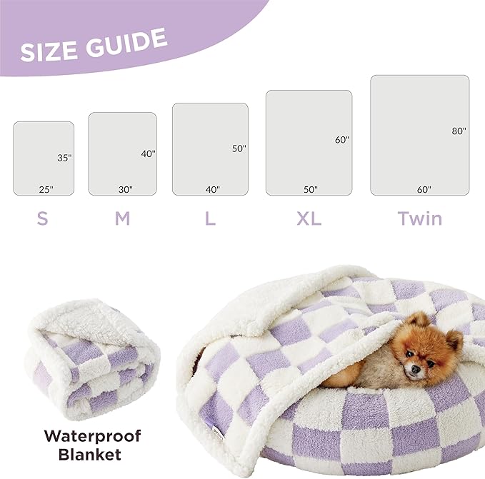 LE SURE Waterproof Dog Blanket for Large Dogs - Washable Double Sided Dog Blankets with Warm Jacquard Shag and Soft Sherpa Fleece, Pet Cat Blanket for Couch Protection, 3D Textured Checks, Purple