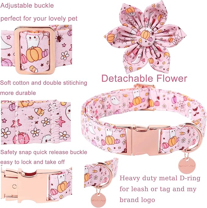 Halloween Dog Collar With Flower, Pink Puppy Collar With Adjustable Metal Buckle, Fancy Bowtie Gift for Girl Boy Dog, XS