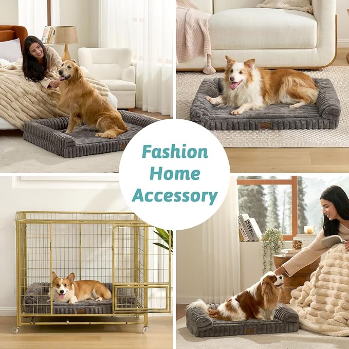 Cute Dog Bed for Extra Large Dogs, Faux Rabbit Fur Orthopedic Foam Dog Bed with Sides, Removable Washable Cover & Waterproof Lining, Comfortable Pet Couch, Grey (48" L x 35" W x 7.5" Th)
