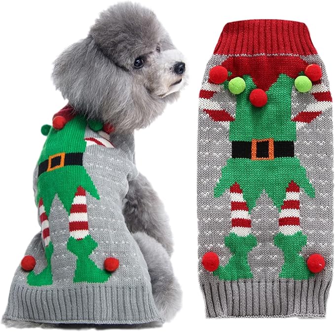 Dog Cat Ugly Christmas Sweater Boy Girl Xmas Pet Clothes Holiday Puppy Costume New Year Gifts for Small Medium Large Dogs Outfits (M, Grey Elf)