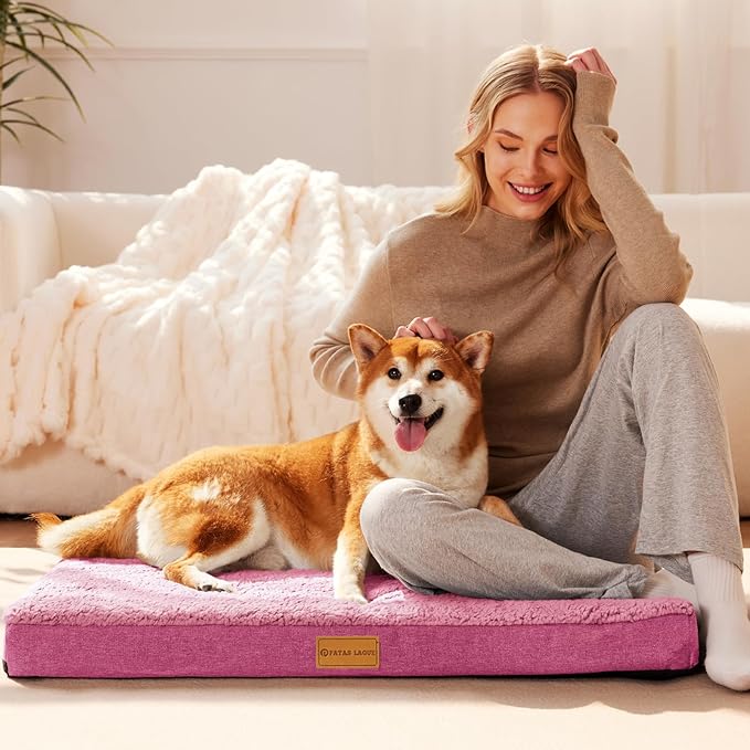 Patas Lague Orthopedic Dog Bed Medium Size Dog 30''X20'', Soft Comfortable Waterproof Egg Crate Foam Medium Pet Crate Beds Mat with Removable Washable Cover and Non-Slip Bottom, Hot Pink