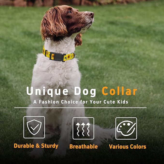 Dog Collar, Floral Boys Girls Puppy Collar, Adjustable Soft Pet Collar with Safety Buckle for Small Medium Large Dogs (Yellow Sunflower, XS)