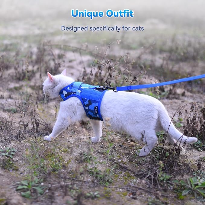 Tactical Cat Harness and Leash for Walking Escape Proof Breathable Mesh Fabric, Ocean Camo, X-Large, Adjustable Cat Walking Jackets, Padded Stylish Cat Vest