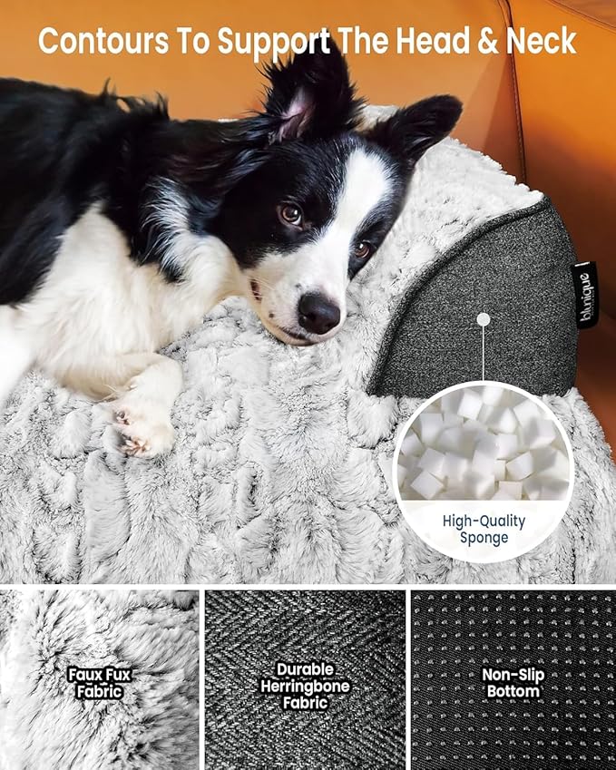 Calming Small Dog Bed for Couch, 35 x 31 inch Removable Couch Cover for Dogs Washable, Non-Slip Fluffy Plush Dog Sofa Mat for Furniture Protector - Grey
