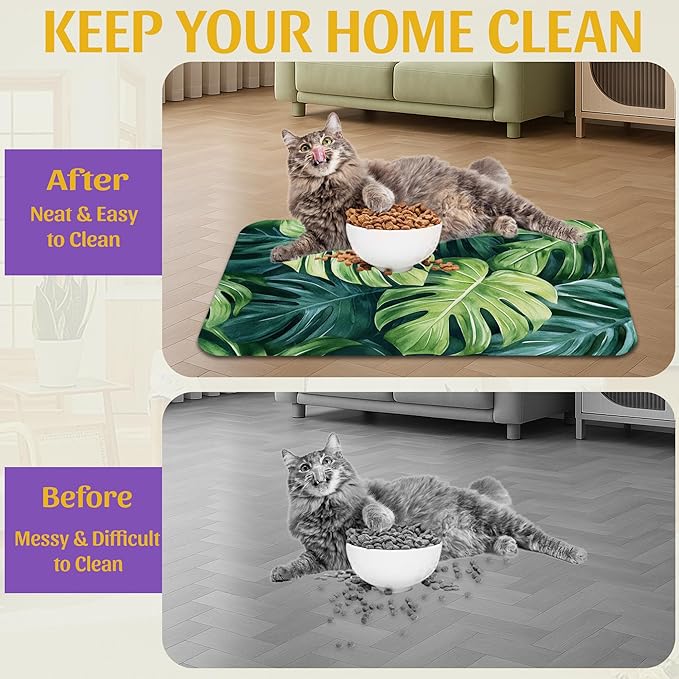 Tropical Palm Leaves Pet Feeding Mat, Absorbent Quick-Dry Dog Cat Bowl Mat, Non-Slip Bottom, Indoor Use – 12x20 Inch