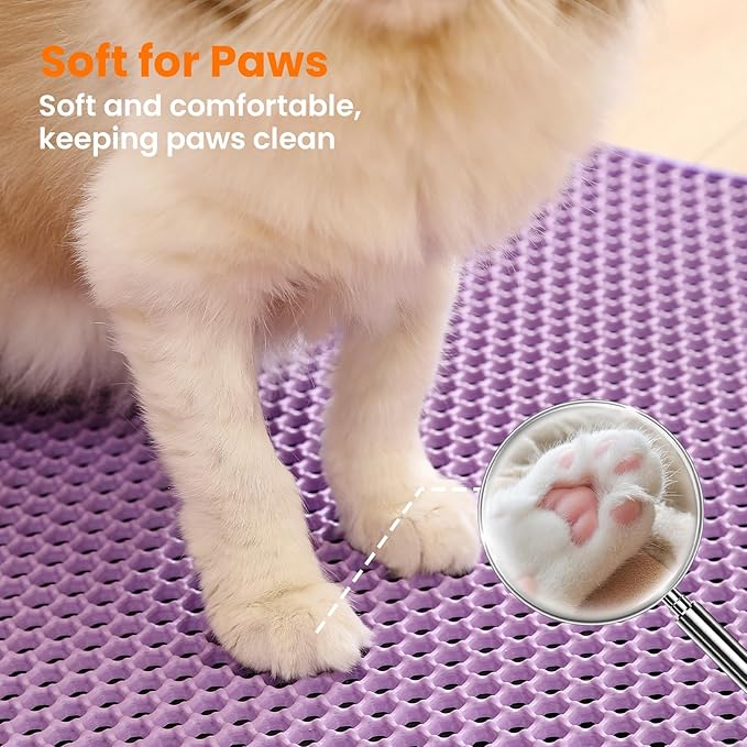 Cat Litter Mat, 24x18 Inches Large Double Layer Honeycomb Cat Litter Trapping Mat, Non Slip Waterproof Urine Proof Cat Litter Box Mat for Floor, Kitty Litter Rug, Cat Supplies, Purple