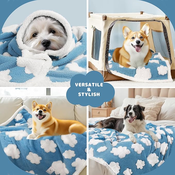 Luciphia Waterproof Pet Blanket for Medium Large Dogs Washable Fluffy Thick Jacquard Shag Fleece Warm Sherpa 3D Textured Flower Print for Cats Puppy Couch Protection (Blue Cloud,40x28 inches)