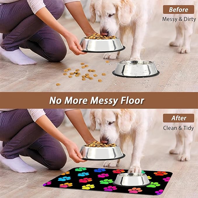 Cat Gradient Paw Print Dog Food Mat for Floors,Absorbent Pet Food and Water Bowl Mats,Non-Slip Pet Feeding Mat,Pet Supplies 12" x 20"