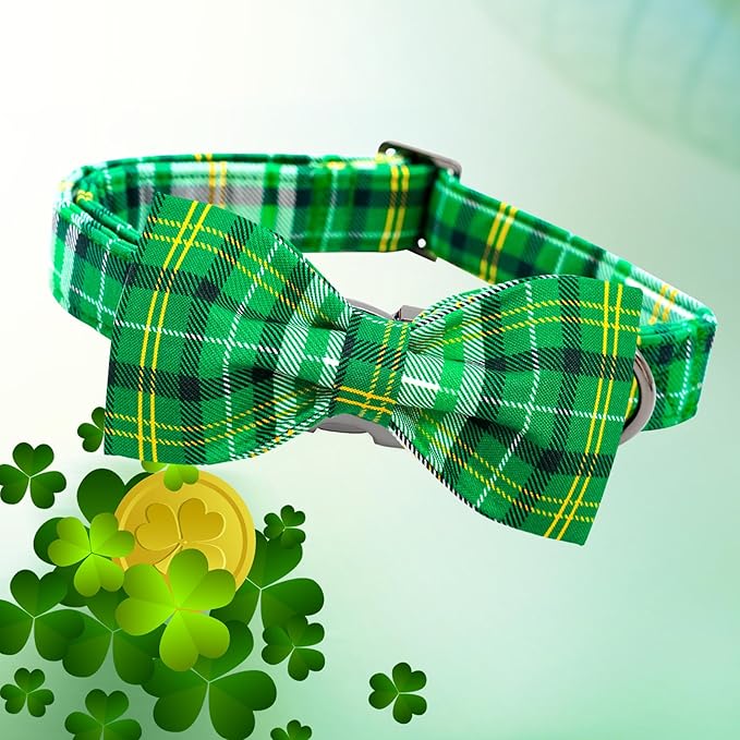 Lionheart glory Dog Bow Collar St. Patrick's Day Dog Collar for Medium Dogs, Adjustable Green Plaid Collars Spring Dog Collar with Bowtie Pet Collar Bows Cute Collars