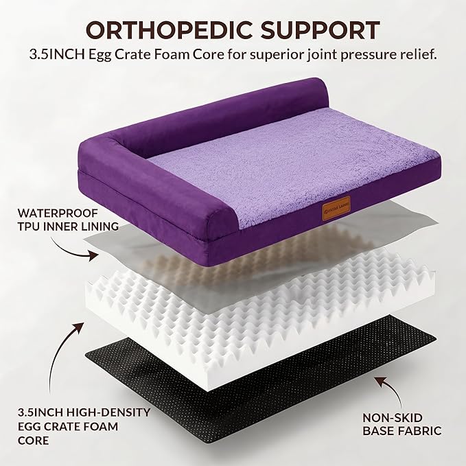 Patas Lague Orthopedic Dog Bed Medium Size Dog 30''X20'', Waterproof L Bolster Medium Pet Sofa Beds with Removable Washable Cover, Soft Comfortable Pet Couch Crate Mat with Nonskid Bottom, Purple