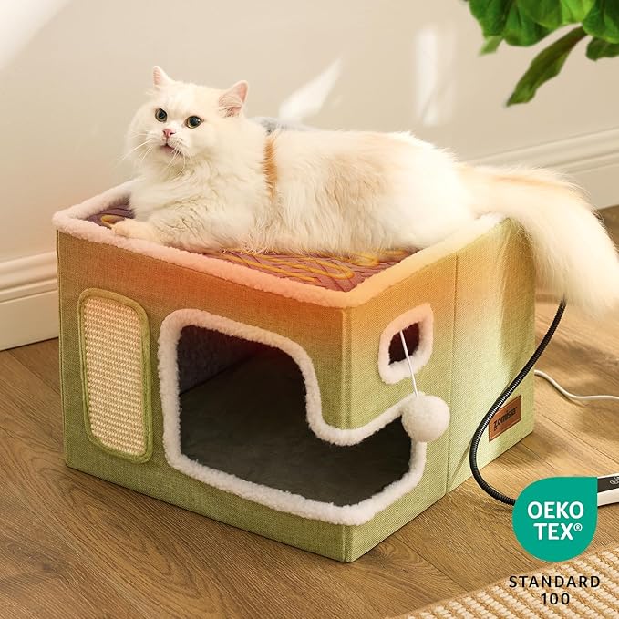 Heated Cat House for Indoor Cats - Cat Warming Bed for Winter with Fluffy Ball Hanging and Adjustable Heating Pad, Foldable Cat Hideaway,16.5x16.5x13 inches, Navy Blue