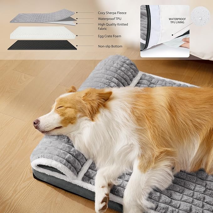 Orthopedic XL Dog Bed Large Sized Dog with Pillow 48''X30'', Waterproof Soft Comfortable Egg Crate Foam Pet Crate Beds Mat with Removable Washable Cover and Non-Slip Bottom, Grey