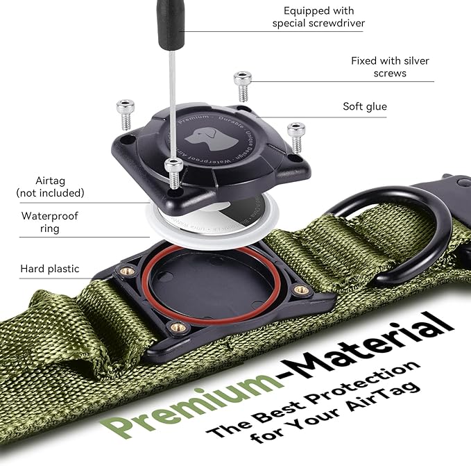 2025 Upgrade Waterproof AirTag Dog Collar, Military Tactical Dog Collar with AirTag Holder, Comfortable Control Handle and Metal Buckle, GPS Dog Collar Holder for Medium to Large Dogs (ArmyGreen, XL)