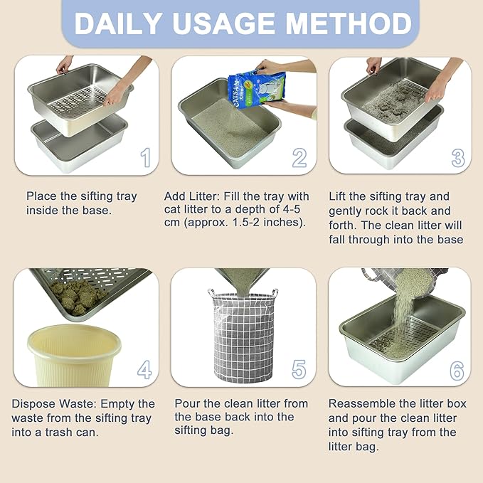 Teheao Stainless Steel Sifting Cat Litter Box for Clumping Litter, Kitty Large Metal Sifter Tray Pan with Cat Litter Bag, Low Dust, Odor Control, Easy Cleaning (15.7"*11.8"*5.9")