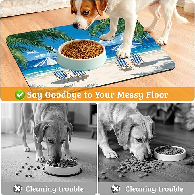 Pet Feeding Mat,Sea Beach Absorbent Dog Cat Food Mat Palm Tree Dog Mat with Rubber Backing,Non-Slip Water Bowl Placemat,Pet Supplies 12" x 20"