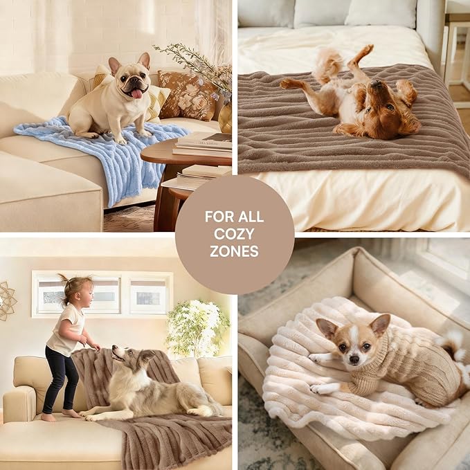 LINENLUX 1 Pack 3 Soft Dog Blanket Washable Warm Fleece Cat Blankets for Pet Puppy Fluffy Calming Flannel Brown/White/Blue Large