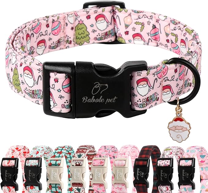 Christmas Dog Collar for Small Dogs - Cute Santa Print Pink Christmas Collars for Dogs, Soft Adjustable Winter Holiday Dog Collars with Quick Release Buckle S