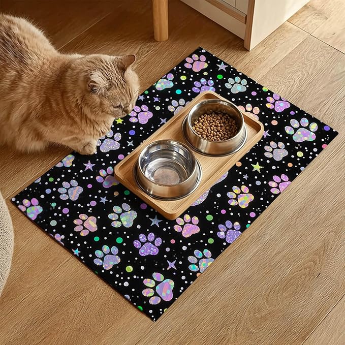 Pet Feeding Mat 24x16 inch Glitter Paw Print Pet Bowl Placemat Non Slip Floor Mat for Food and Water Indoor Pet Feeding Station Cute Meal Pad for Small Cats and Dogs Kitchen Use