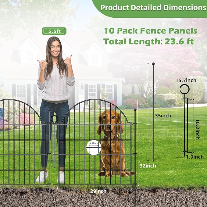 Decorative Metal Garden Fence with Gate Lock 10 Panels, 32in (H) x 23.6ft (L) No Dig Dog Fence Outdoor for Yard, Temporary Rustproof Metal Wire Rabbit Dog Garden Border Fencing for Patio