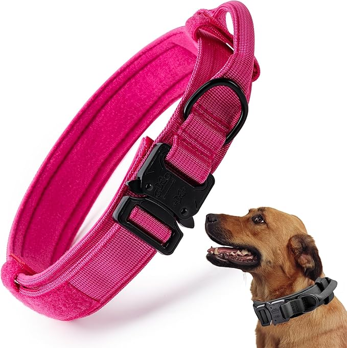 Tactical Dog Collar, Adjustable Military Training Nylon Dog Collar with Control Handle and Heavy Quick-Release Metal Buckle for Small Medium Large Dogs,Pink L