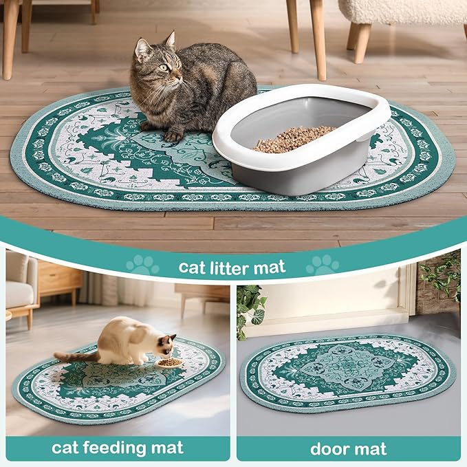 Bienbee Cat Litter Mat, 40" x 30" Jumbo Size Litter Box Mat Rug with Non-Slip Bottom, Urine and Water Proof, Easy to Clean Cat Supplies Essentials for Indoor Kitty Kitten Floor,Green XL