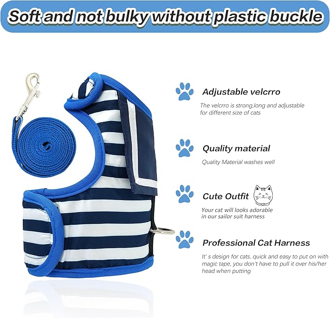 Cat Harness and Leash for Walking Escape Proof, Adjustable Cat Vest Harness, Padded Stylish Cat Walking Jackets, Sailor Suit Navy, Medium