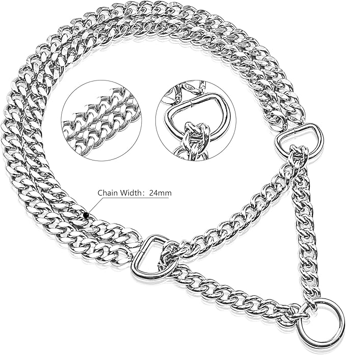 Silver Dog Chain Collar - Stainless Steel, Adjustable Walking, Metal Cuban Link, Chew Proof Double Row Chain Collar for Large, Small, Medium Dogs