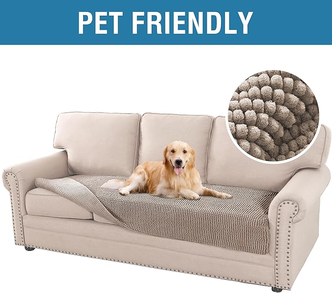 H.VERSAILTEX Plush Chenille Pet Couch Cover Thick Soft Sofa Cover for 3 Cushion Couch Anti Slip Couch Cover Furniture Protector for Dog, Pet, Cat (35" x 74", Taupe)