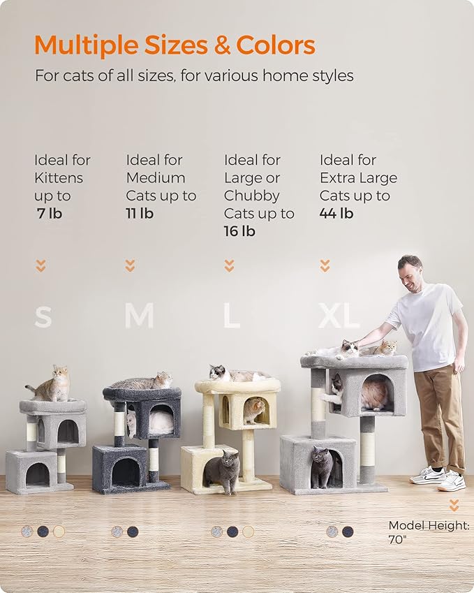 Feandrea Cat Tree, 26.4-Inch Cat Tower, Plush Condo for Kittens up to 7 lb, Large Perch, 2 Caves, Scratching Post, Smoky Gray UPCT611G01