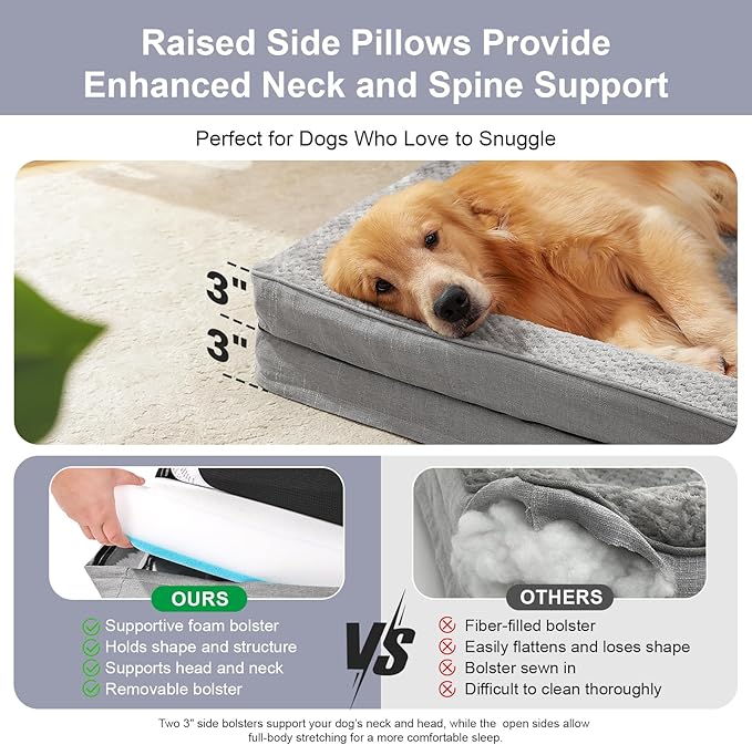 Orthopedic Dog Beds for Large Dogs, Memory Foam Dog Beds Large Sized Dogs, Washable Removable Cover, Nonskid Bottom, Waterproof, for Indoor, Outdoor, Crate ＆ Car Use, 44x32x6 Inches, Light Grey