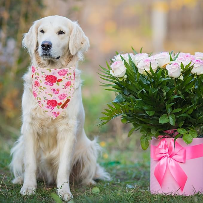 ADOGGYGO Floral Dog Bandana 2 Pack, Reversible Red Pink Rose Puppy Scarf Bib, Adjustable Fit Cute Floral Bandanas for Small Dogs Pets (Small)
