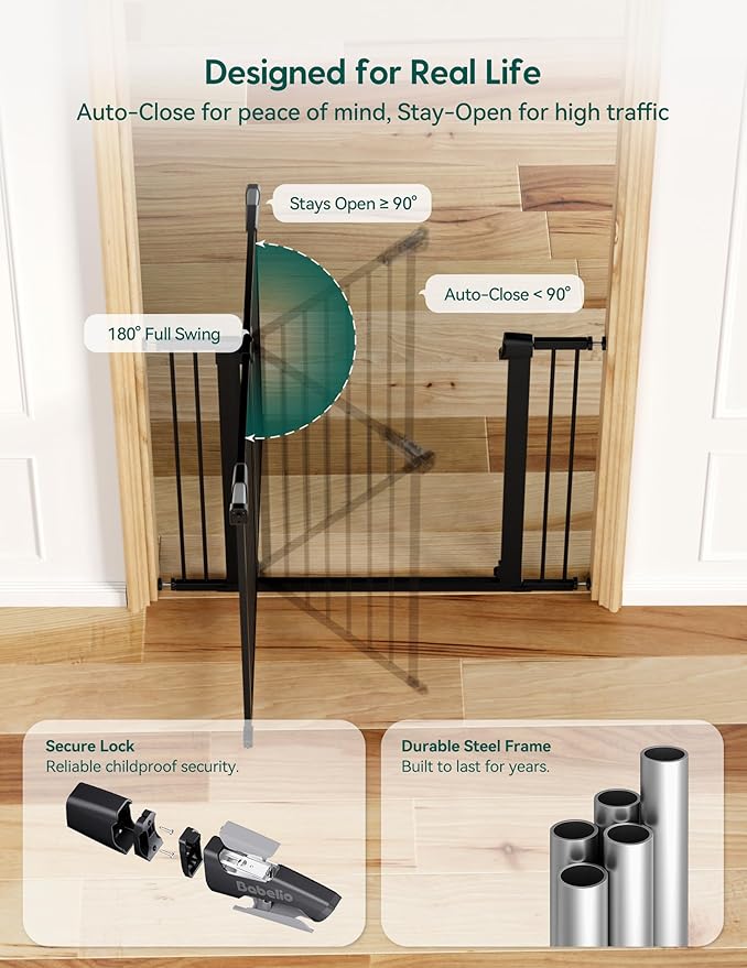 Babelio Extra Wide Baby/Dog Gate PressGuard P7, 29-55" Auto Close for The House and Doorway, Safety Pressure Mounted Pet Door, NO Need Tools and Drilling, Black