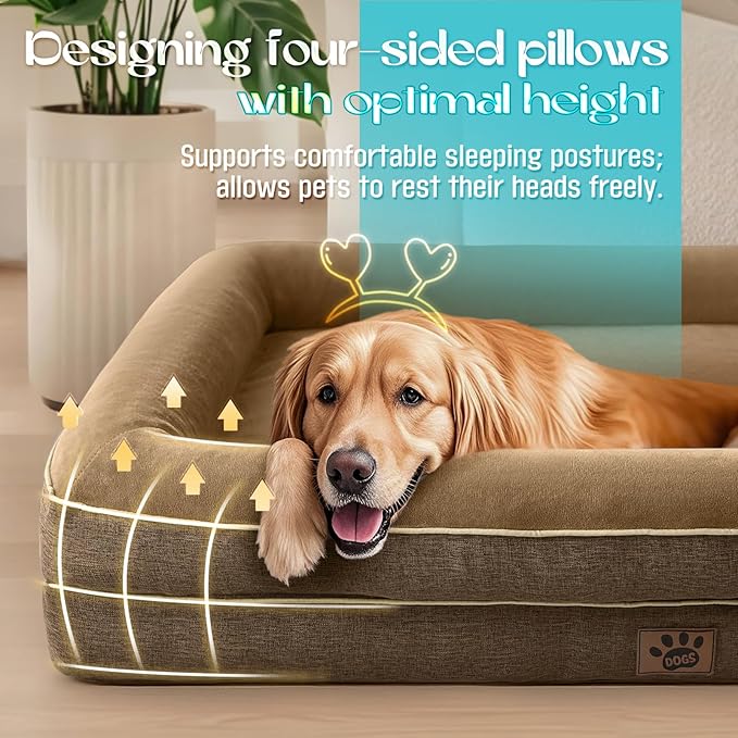 Waterproof Memory Foam Dog Beds for Extra Large Dogs Non-Slip Orthopedic Dog Beds Washable Couch Pet Bed with Removable Cover (Brown, Large)