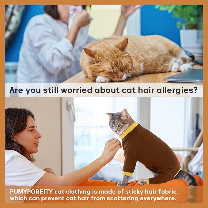 PUMYPOREITY Cat Hair Sticky Shirt – Breathable & Lightweight, Reduces Shedding Fur Pajamas, Prevents Licking Wounds After Surgery, Brown, L