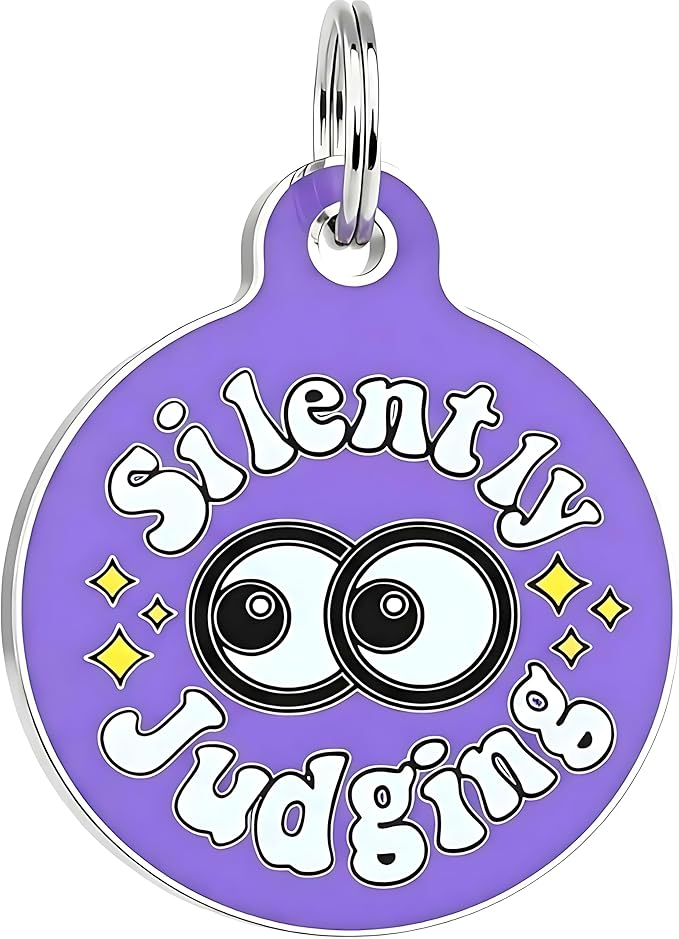 Bad Tags Personalized Dog and Cat ID Tags in 25+ Designs and 2 Sizes - 5 Lines of Custom Engraved Text - Funny Cute Personalized Pet Tags (Silently Judging - Purple, Large (1.25 inch))