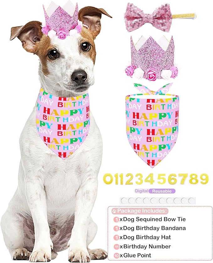 PET SHOW Pink Floral Hat, Bandana & Collar Bows Charms Set - Dog, Cat, Rabbit, Pig Birthday Gift - Reusable Adjustable Hat with 0-9 Figures, Pink for Girls - Apparel