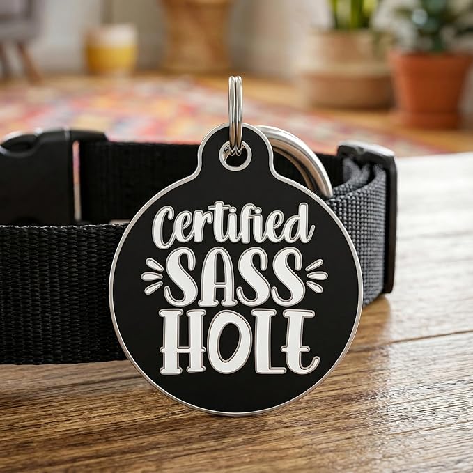 Bad Tags Personalized Dog and Cat ID Tags in 25+ Designs and 2 Sizes - 5 Lines of Custom Engraved Text - Funny Cute Personalized Pet Tags (Certified Sass Hole, Large (1.25 inch))