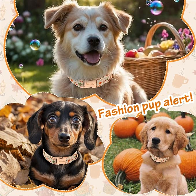 Autumn Dog Collar，Soft Cotton Handmade Pet Collar with Autumn Tea Party Design for Small Medium Large Dogs, Adjustable Collars for Fall Walks，Tea-Time Adventures & Fireside Snuggles -S