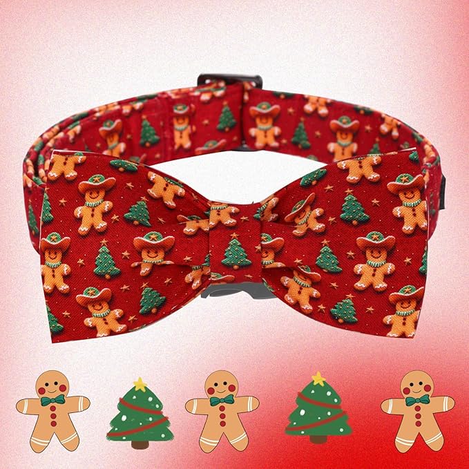 Christmas Dog Collar, Soft Pet Collar Gingerbread Man Cute Dog Collar with Bow Red Christmas Tree Adjustable Sturdy Collars Winter Holiday Collars for Medium Girl Boy Dogs