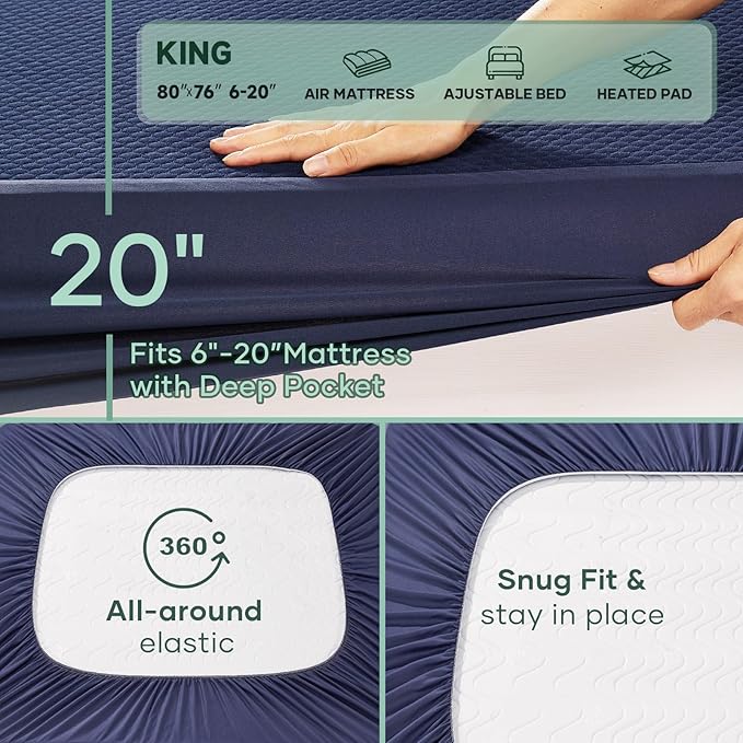 OhGeni 100% Waterproof Mattress Protector, King-Navy Blue Size Mattress Pad, Fits 6"-20" Mattresses with Deep Pocket, Cooling, Breathable Fitted Sheets, Soft Bed Cover, Noiseless, Machine Washable