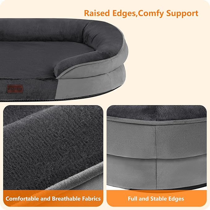Dwanton Orthopedic Dog Bed for Extra Extra Large Dogs with Gel Memory Foam, Waterproof Dog Sofa, Washable Pet Bed with Four Sided Bolster Cushion, Removable Cover & Non-Slip Bottom, 48", Dark Gray