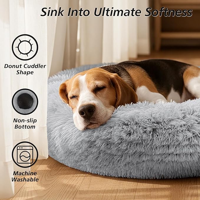 JOLLYVOGUE Calming Dog Bed for Small Dogs - 23 inches Donut Washable Small Dog Bed for Kittens & Puppies, Anti-Slip Round Fluffy Plush Faux Fur Cat Beds (Fits up to 25 lbs Pets, Grey)