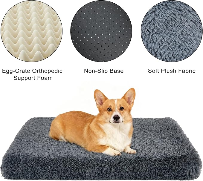 Fluffy Orthopedic Dog Beds for Puppy/Cats with Washable Removable Cover Dog Crate Bed Egg Crate Foam Support Plush Pet Pad Mat with Anti-Slip Bottom (24 * 16,Dark Grey)