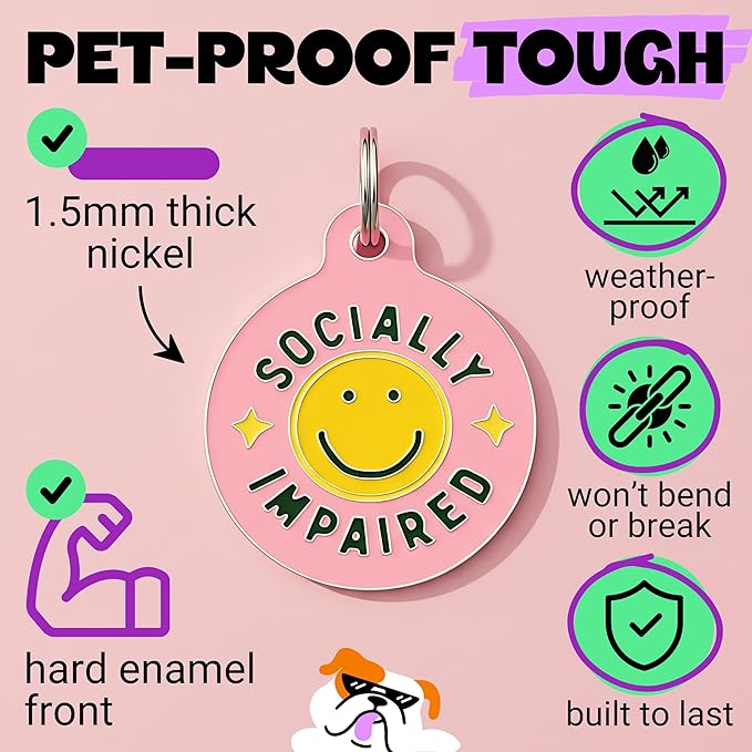 Bad Tags Personalized Dog and Cat ID Tags in 25+ Designs and 2 Sizes - 5 Lines of Custom Engraved Text - Funny Cute Personalized Pet Tags (Socially Impaired - Pink, Large (1.25 inch))