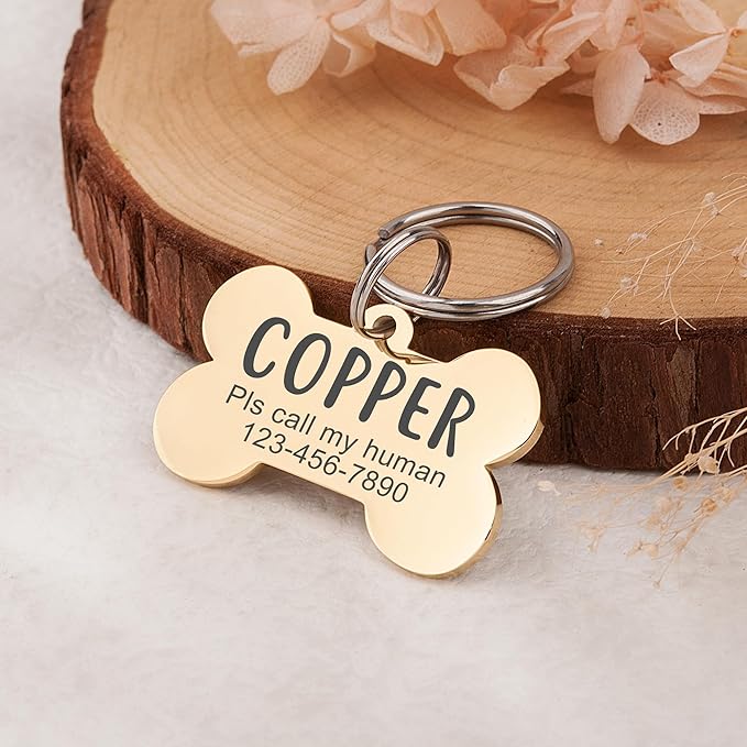 Anavia Personalized Pet ID Tags, Stainless Steel Glossy Laser Engraved Dog Cat Collar Name Tags, Multiple Colors Shapes Sizes (Bone, Regular)