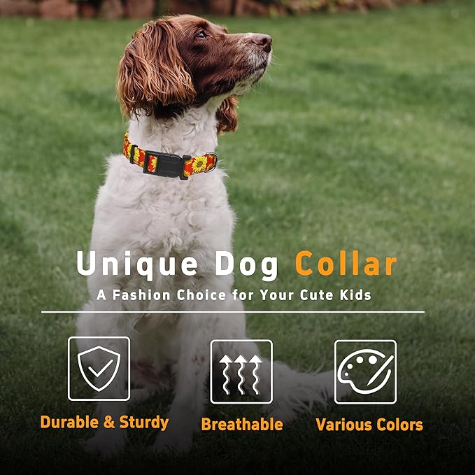 Dog Collar, Floral Boys Girls Puppy Collar for Small Medium Large Dogs, Adjustable Soft Pet Collar with Safety Buckle for Male Females (Red Sunflower, S)