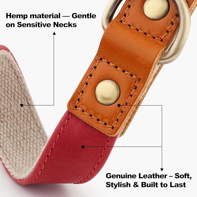 Plutus Pet Genuine Leather & Hemp Dog Collar – Adjustable Heavy Duty Pet Collar with Quick Release Metal Buckle, Soft & Stylish for Puppy and Small, Medium, Large Dogs (Red, S)