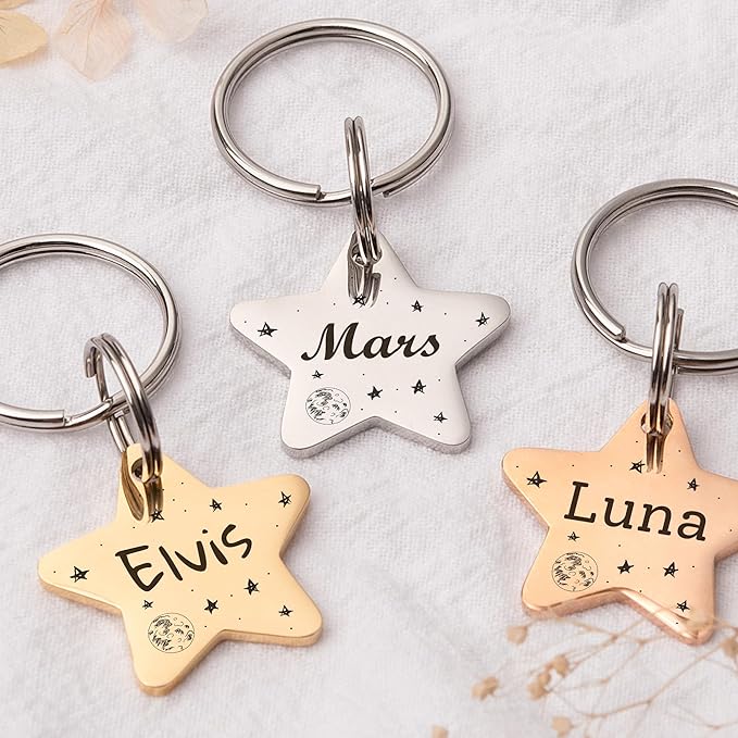 Anavia Small Size Dog Cat ID Tags, Small/XS Personalized Color Plated Stainless Steel Puppy Kitten Name Tags, Customized Engraved Nameplate Pet Collar Tag (Silver, Star)